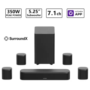 350W 7.1ch Virtual Surround Home Theater TV Sound Bar with Subwoofer&4 Surround Speakers, Smart App Control